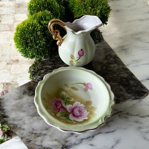 Vintage LeVintage Lefton China Mini Pitcher & Bowl Set Heritage Green Pink Roses - Picture 2 of 4